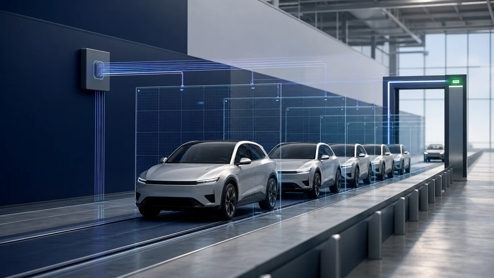 Digital artwork of a controlled vehicle production line under a precise inspection grid