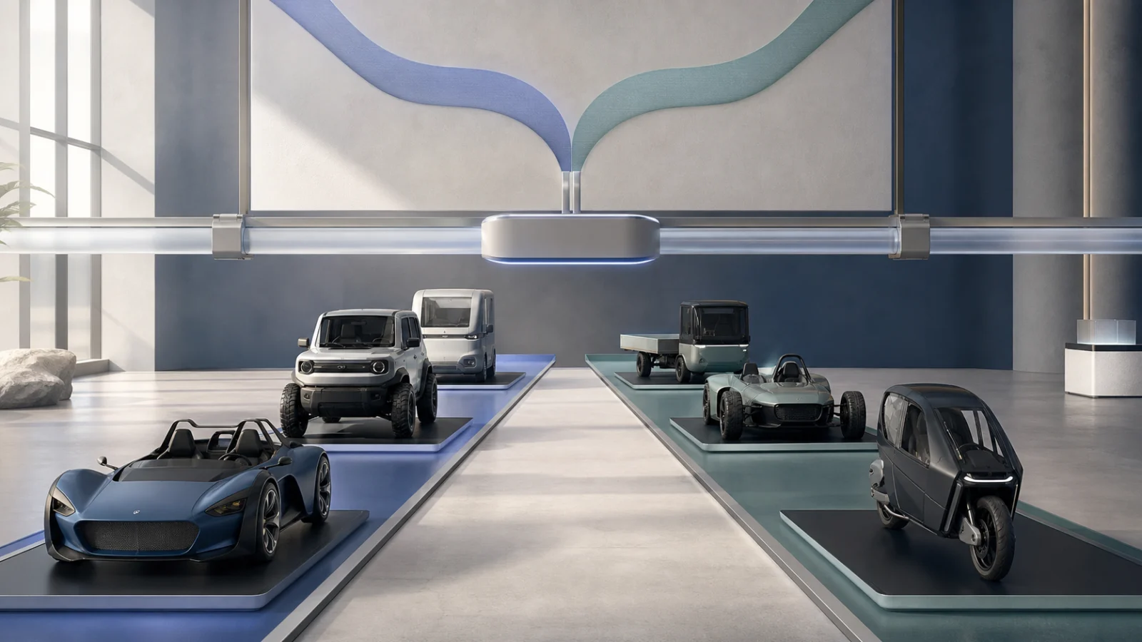 Digital artwork of a limited sequence of specialist vehicles in measured production lanes