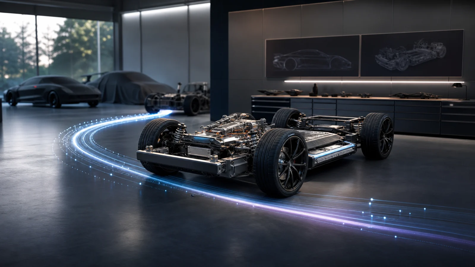 Digital artwork of a small vehicle production studio with one precisely tracked chassis