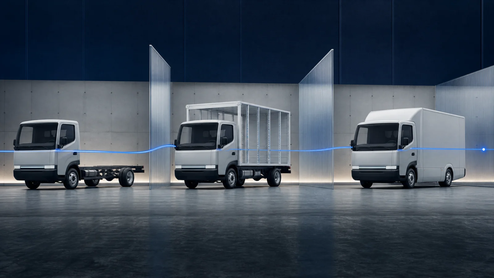 Digital artwork of a chassis moving through three manufacturing stages with one identity line