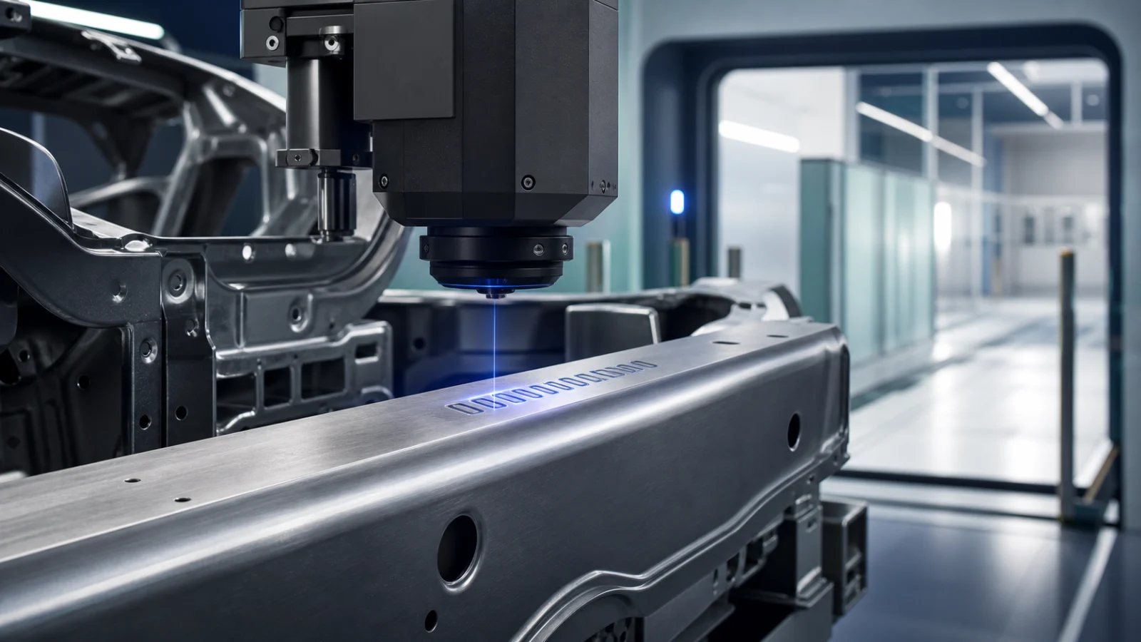 Digital artwork of a precise VIN marking station at the end of a vehicle production line