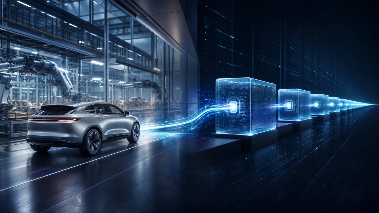 Digital artwork of a vehicle identity line connecting production to a long-term archive